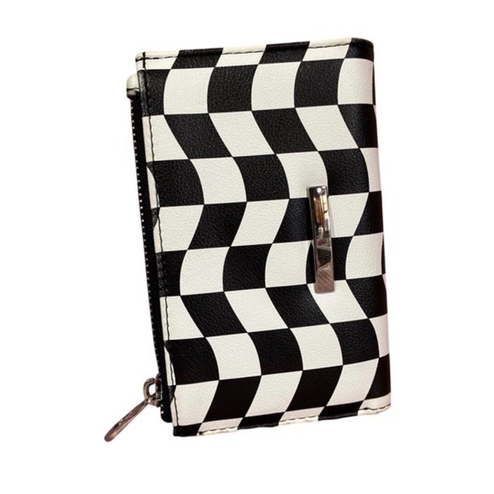 Checkered Wallet Zip‎ Around Clutch Black White Illusion Pattern